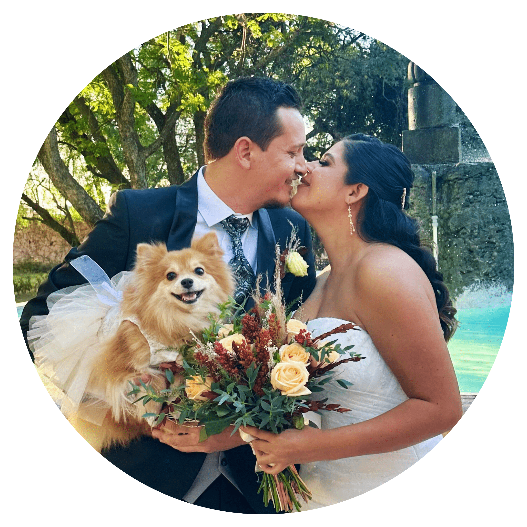 Novios felices con su perro pomeranian